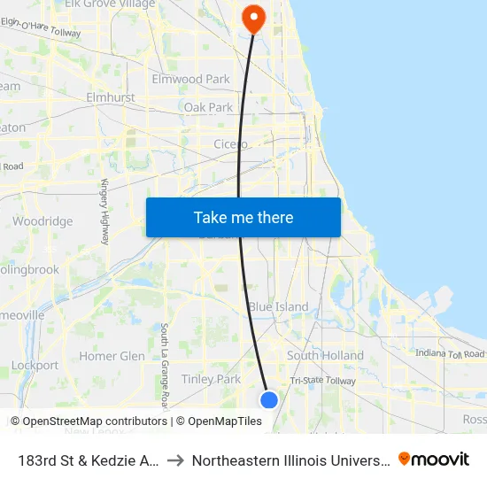 183rd St & Kedzie Ave to Northeastern Illinois University map