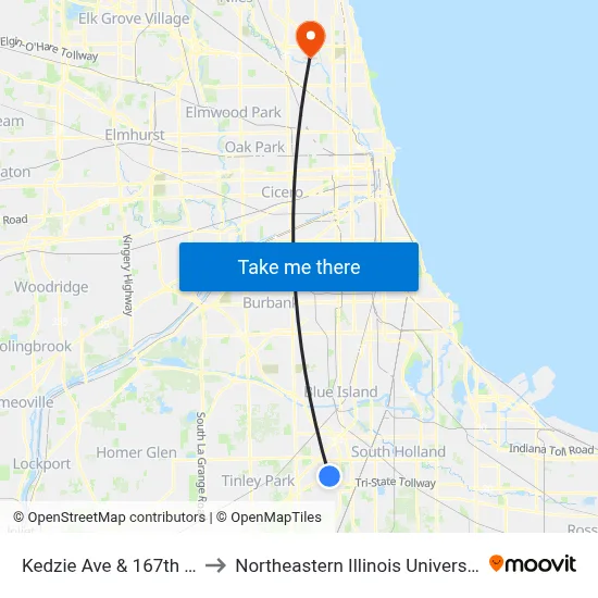 Kedzie Ave & 167th St to Northeastern Illinois University map
