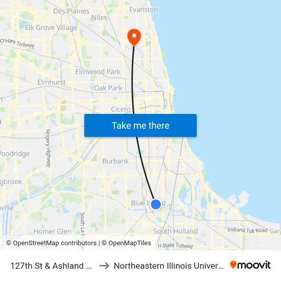 127th St & Ashland Ave to Northeastern Illinois University map