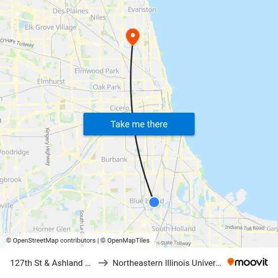 127th St & Ashland Ave to Northeastern Illinois University map