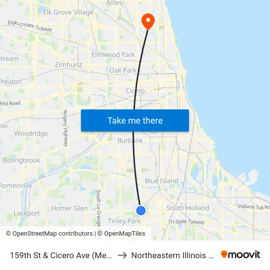 159th St & Cicero Ave (Metra Station) to Northeastern Illinois University map