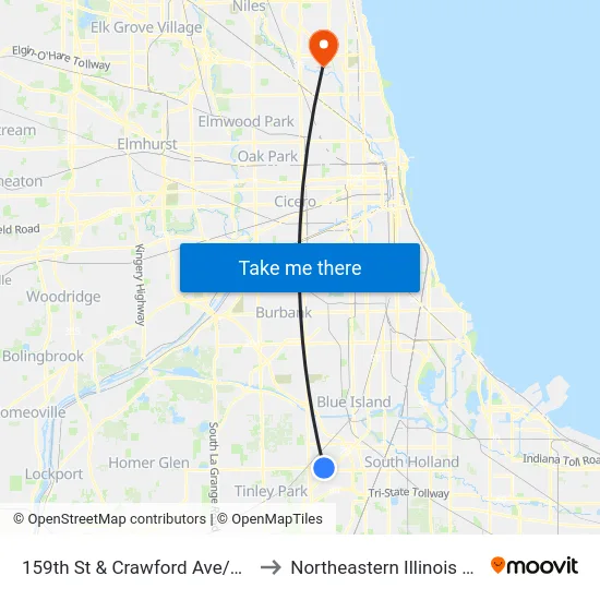 159th St & Crawford Ave/Pulaski Ave to Northeastern Illinois University map