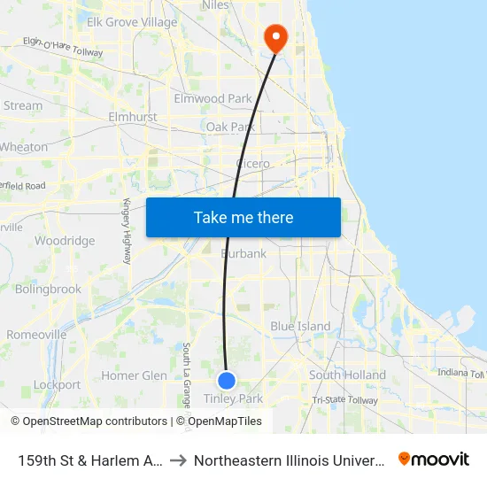159th St & Harlem Ave to Northeastern Illinois University map