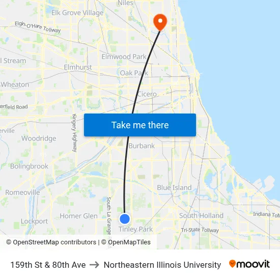 159th St & 80th Ave to Northeastern Illinois University map