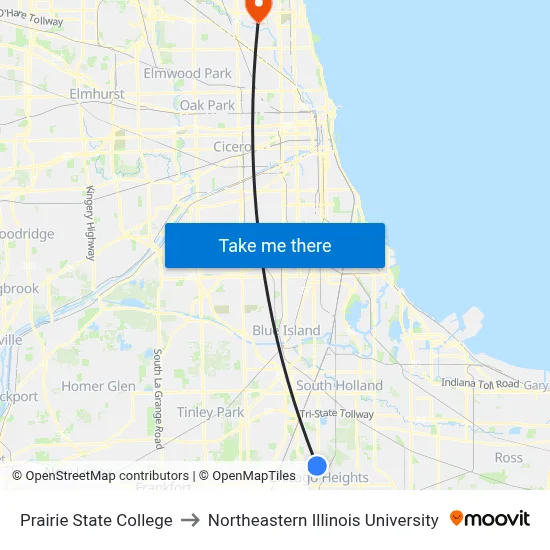 Prairie State College to Northeastern Illinois University map