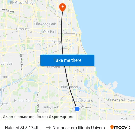 Halsted St & 174th St to Northeastern Illinois University map