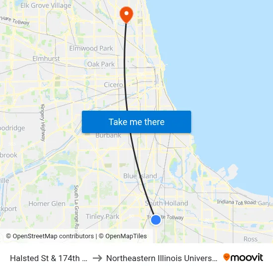 Halsted St & 174th St to Northeastern Illinois University map