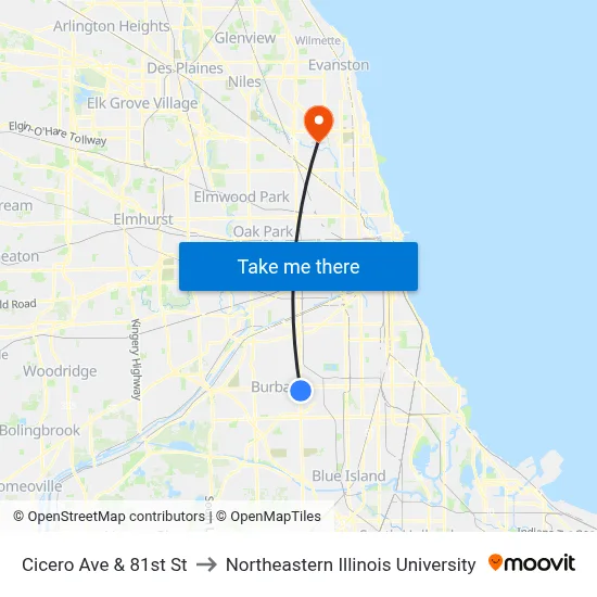 Cicero Ave & 81st St to Northeastern Illinois University map