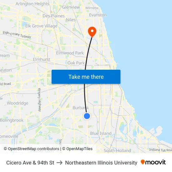 Cicero Ave & 94th St to Northeastern Illinois University map