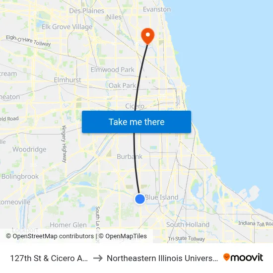 127th St & Cicero Ave to Northeastern Illinois University map