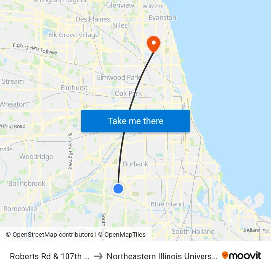 Roberts Rd & 107th St to Northeastern Illinois University map