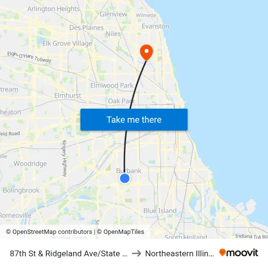 87th St & Ridgeland Ave/State Rd/Narragansett Ave to Northeastern Illinois University map