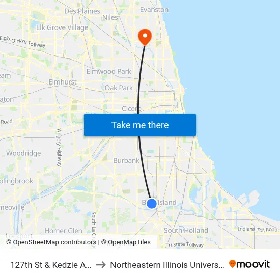 127th St & Kedzie Ave to Northeastern Illinois University map