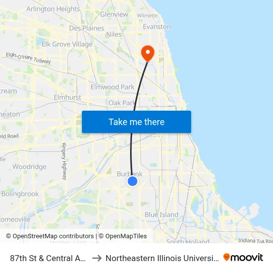 87th St & Central Ave to Northeastern Illinois University map