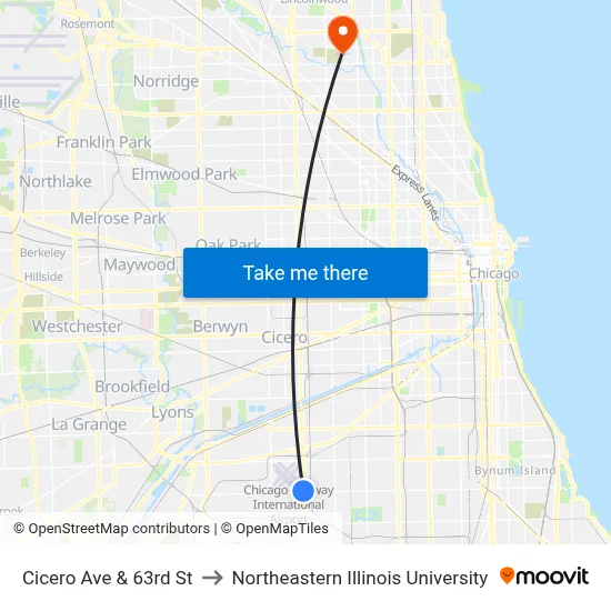 Cicero Ave & 63rd St to Northeastern Illinois University map