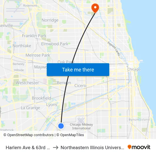 Harlem Ave & 63rd St to Northeastern Illinois University map