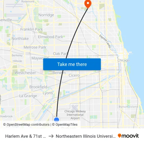 Harlem Ave & 71st St to Northeastern Illinois University map