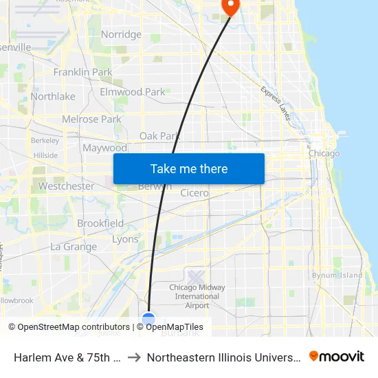 Harlem Ave & 75th St to Northeastern Illinois University map