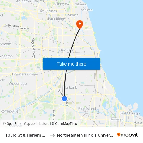 103rd St & Harlem Ave to Northeastern Illinois University map