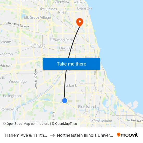 Harlem Ave & 111th St to Northeastern Illinois University map