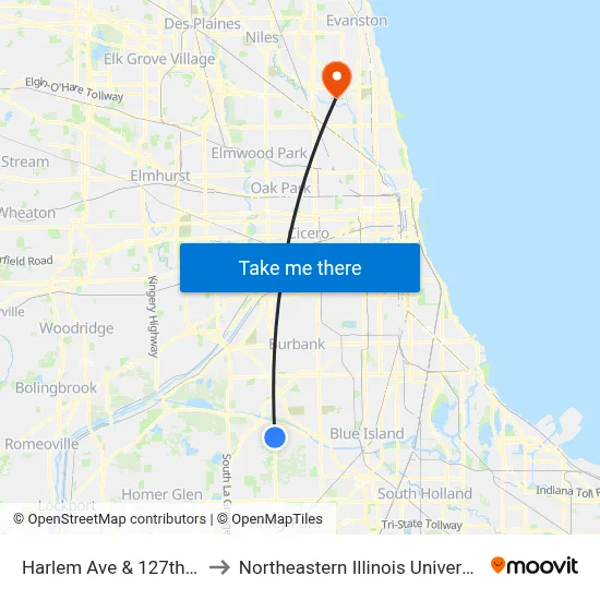 Harlem Ave & 127th St to Northeastern Illinois University map