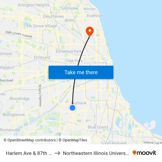 Harlem Ave & 87th St to Northeastern Illinois University map