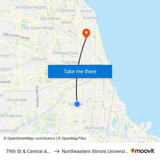79th St & Central Ave to Northeastern Illinois University map