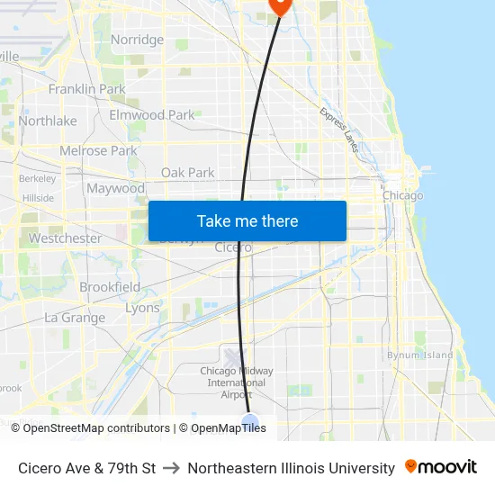 Cicero Ave & 79th St to Northeastern Illinois University map
