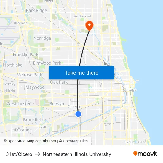 31st/Cicero to Northeastern Illinois University map