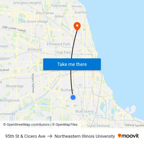 95th St & Cicero Ave to Northeastern Illinois University map