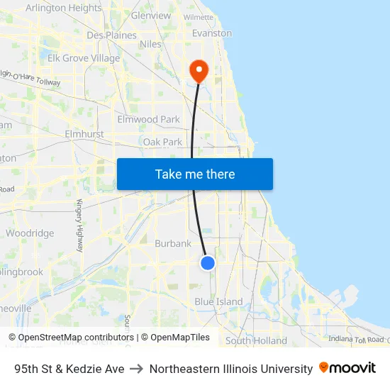 95th St & Kedzie Ave to Northeastern Illinois University map