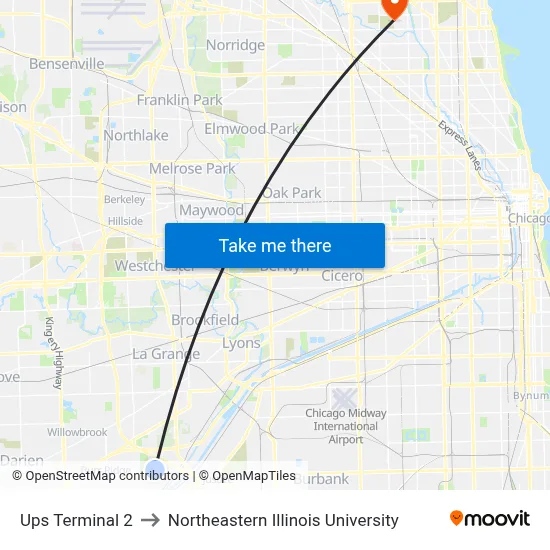 Ups Terminal 2 to Northeastern Illinois University map