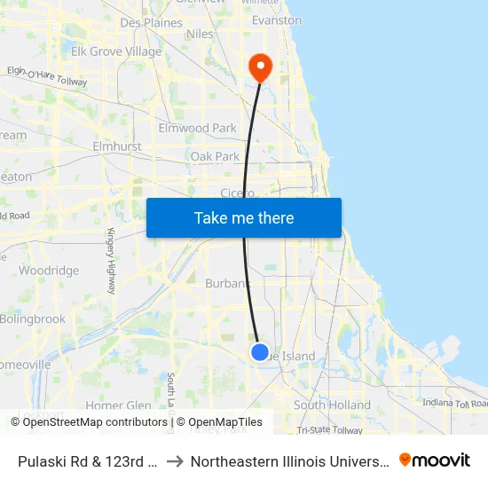 Pulaski Rd & 123rd St to Northeastern Illinois University map
