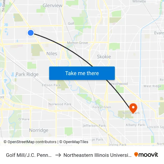 Golf Mill/J.C. Penney to Northeastern Illinois University map