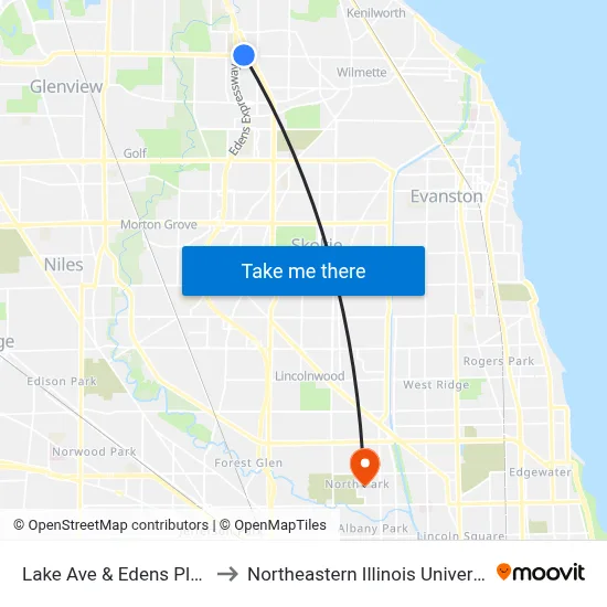 Lake Ave & Edens Plaza to Northeastern Illinois University map
