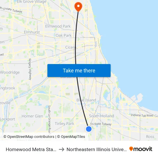 Homewood Metra Station to Northeastern Illinois University map