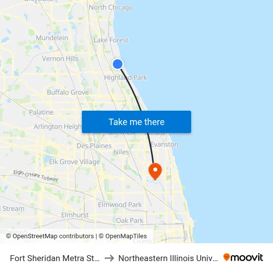 Fort Sheridan Metra Station to Northeastern Illinois University map