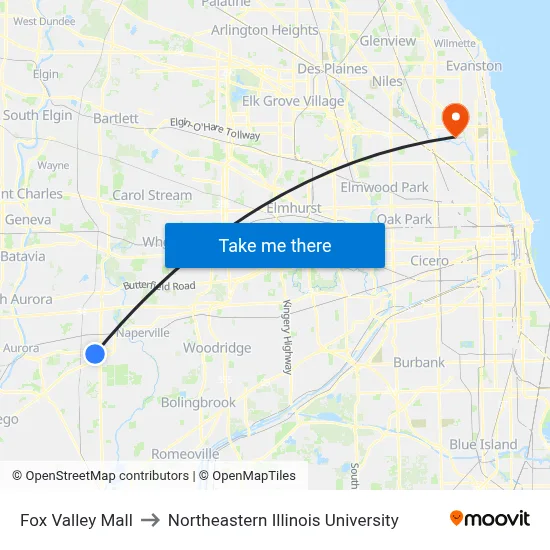 Fox Valley Mall to Northeastern Illinois University map