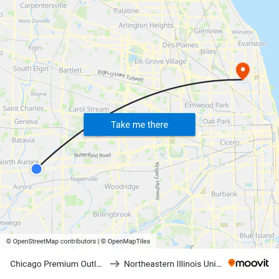 Chicago Premium Outlet Mall to Northeastern Illinois University map
