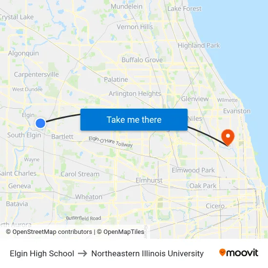 Elgin High School to Northeastern Illinois University map