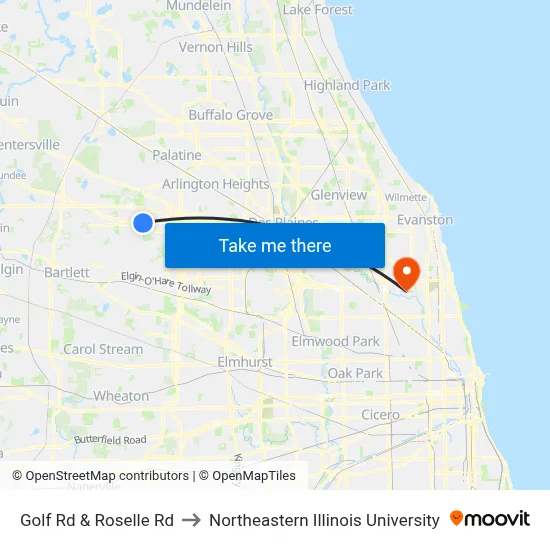 Golf Rd & Roselle Rd to Northeastern Illinois University map