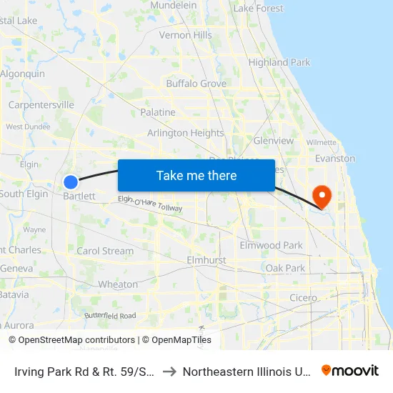 Irving Park Rd & Rt. 59/Sutton Rd to Northeastern Illinois University map