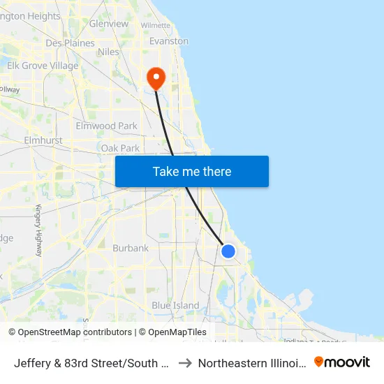 Jeffery & 83rd Street/South Chicago (South) to Northeastern Illinois University map