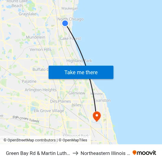 Green Bay Rd & Martin Luther King Jr Dr to Northeastern Illinois University map