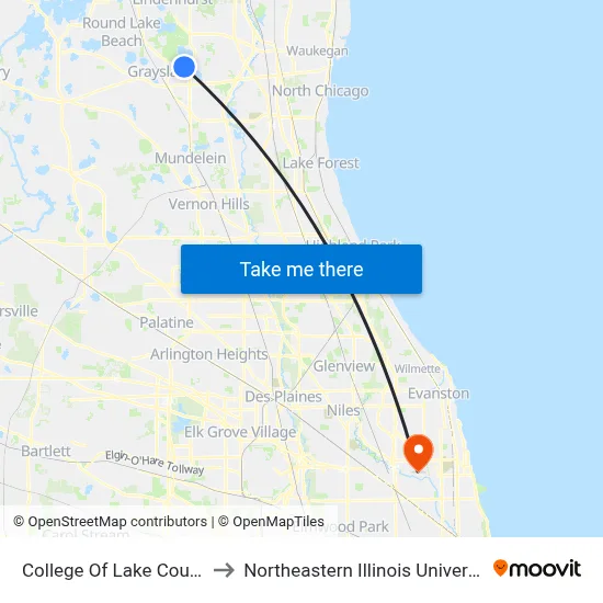 College Of Lake County to Northeastern Illinois University map