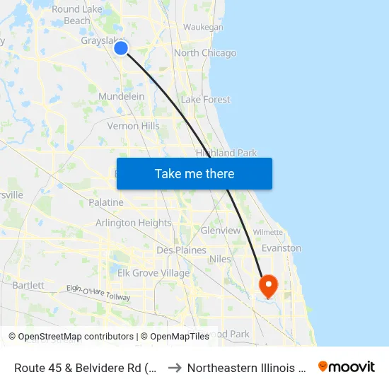 Route 45 & Belvidere Rd (Route 120) to Northeastern Illinois University map