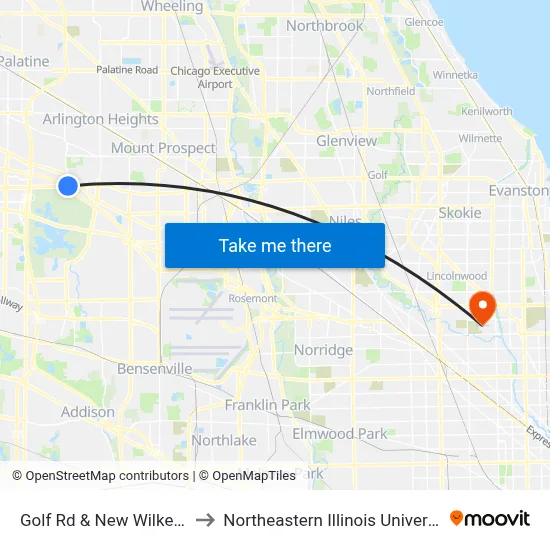 Golf Rd & New Wilke Rd to Northeastern Illinois University map