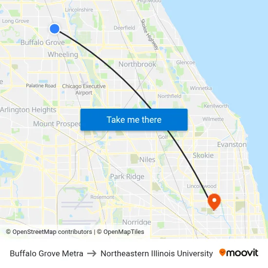 Buffalo Grove Metra to Northeastern Illinois University map