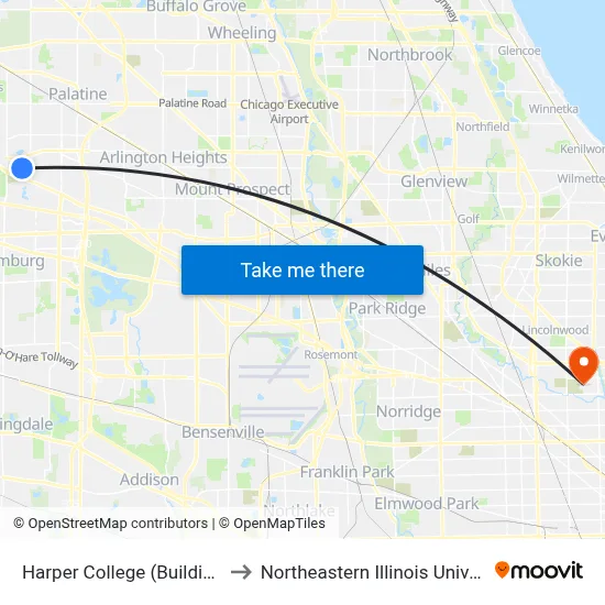 Harper College (Building A) to Northeastern Illinois University map