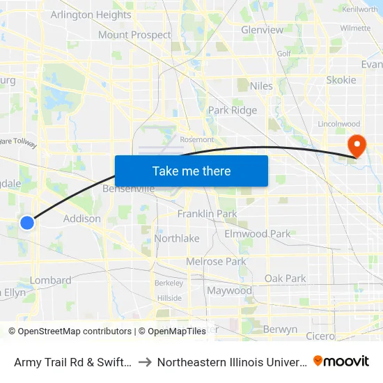 Army Trail Rd & Swift Rd to Northeastern Illinois University map